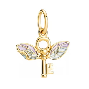 Pendentif clé volante dorée avec ailes en dégradé violet et turquoise de style fantaisie