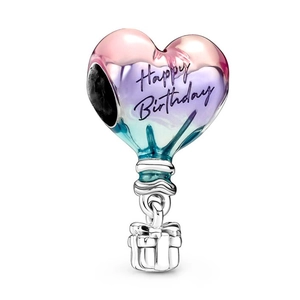 Colorful heart balloon charm with Happy Birthday engraving and gift box pendant