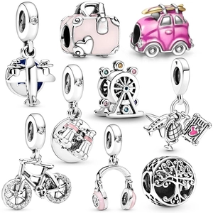 Silver Plated Alloy Travel Theme Charms Airplane Suitcase Bicycle Ferris Wheel Zirconia Pendants For DIY Bracelet Jewelry