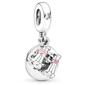 European style silver travel bead charm with pink telescope pendant and crystal details