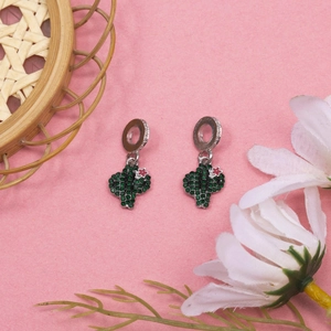 Sparkling green cactus earrings with pink flowers on silver hoops for women