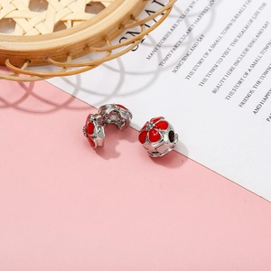 Silver flower spacer charm with red enamel for DIY bracelets and bangles