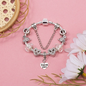Silver DIY charm bracelet with heart pendants and sparkling crystal beads for women