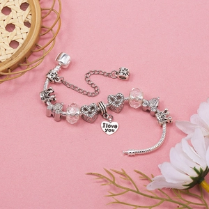 Elegant silver snake chain charm bracelet with heart pendants and I love you engraving