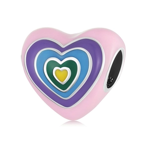 Detailed view of layered heart charm with multi-color enamel and S925 silver stamp