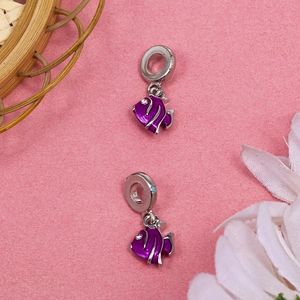 Silver fish charm pendant with purple enamel and rhinestone for DIY bracelets