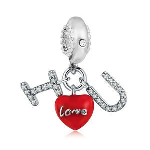 Detailed close-up of I Love U charm with red enamel heart and sparkling zircon accents