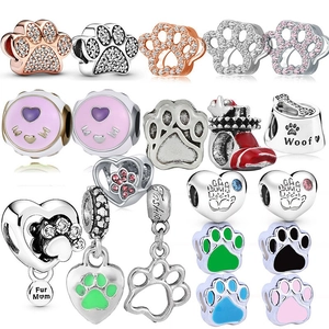 Cute Alloy Cat Paw Print Charm Bead Rhinestone Inlaid Enamel DIY Jewelry Accessory For Bracelet Necklace Women Gift
