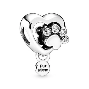 Silver hollow heart charm with crystal paw print and Fur Mom engraved dangle tag
