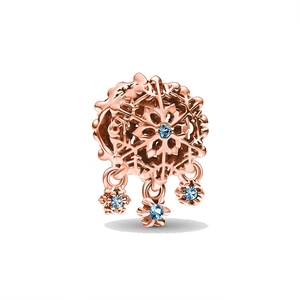 Charm flocon de neige évidé en or rose avec cristaux bleus pour bracelets 3mm