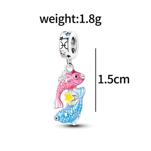 Close-up of S925 silver Pisces charm with colorful enamel fish and zirconia bale