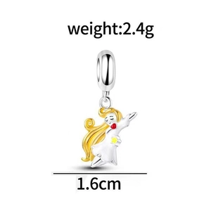 Detail of enameled angel charm with golden hair and white dress featuring star accents