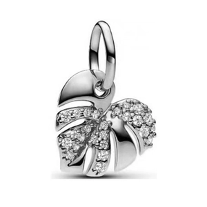 Silver plated monstera leaf charm pendant with sparkling rhinestones and hollow design