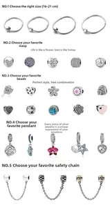 Detail showing DIY steps for 925 silver charm bracelets with various beads and pendants