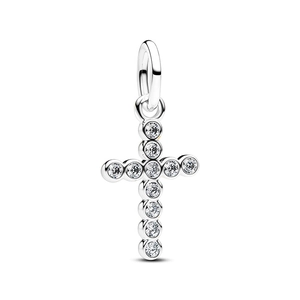Silver plated cross pendant charm with sparkling round zircons for DIY jewelry