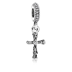 Vintage S925 silver cross charm with central zircon and retro hollow floral engraving