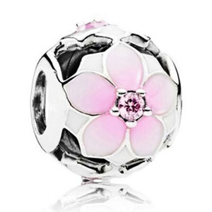 Pink magnolia flower charm bead in silver finish with sparkling center cubic zirconia