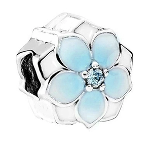 Light blue magnolia flower charm with central blue gemstone for beaded bracelets