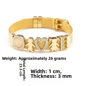 Gold stainless steel mesh watchband bracelet with charms, 23.5cm length and 1cm width