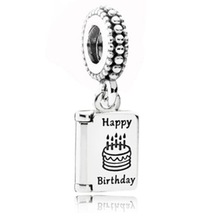 Silver Happy Birthday book charm for bracelets with cake engraving and beaded bail