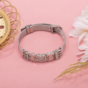 Adjustable silver stainless steel mesh bracelet with heart and figure charms