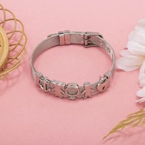 Silver mesh bracelet featuring charms of a girl, boy, and heart lock on pink background