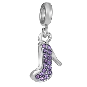 Silver high heel charm with purple rhinestones for DIY bracelets and necklaces