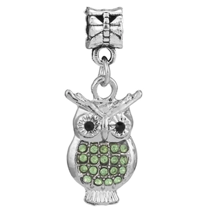 Silver owl pendant bead with green rhinestones and large hole for DIY jewelry