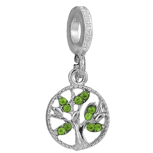 Silver tree of life charm pendant with green crystals and large hole for bracelets