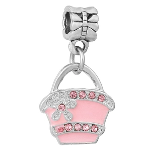 Zinc alloy pink basket charm with enamel finish and sparkling crystals for DIY bracelets