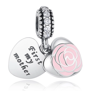 Pendentif double cœur en argent avec rose rose émaillée et gravure pour maman