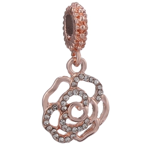 Rose gold hollow flower charm with sparkling crystals and a textured beaded hanging ring