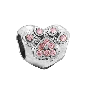 Silver heart bead with pink rhinestone paw print for personalized charm bracelets