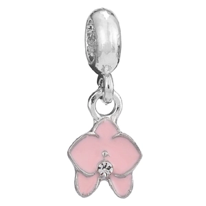Pink enamel orchid flower charm in silver finish with center crystal for DIY jewelry