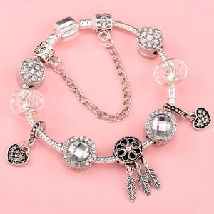 Pandora Style Alloy Charm Bracelet For Women Silver Plated Snake Chain With Heart Dreamcatcher Pendant Rhinestone Beads Fashion Jewelry