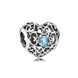 Hollow heart charm in silver finish with blue gemstone for DIY beaded necklaces