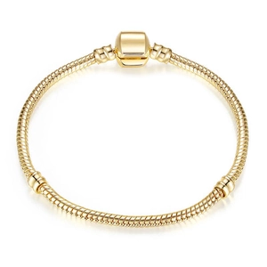 Polished gold snake chain bracelet with classic barrel clasp and threaded DIY charms dividers