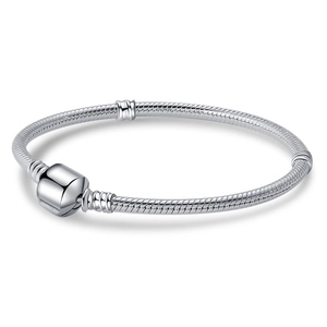 Polished silver snake chain bracelet with barrel clasp and threaded charms separators