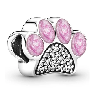Cartoon style paw print charm with pink enamel and sparkling crystals for DIY bracelets