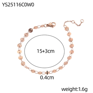 Detail of rose gold chain bracelet with polished discs and size specifications