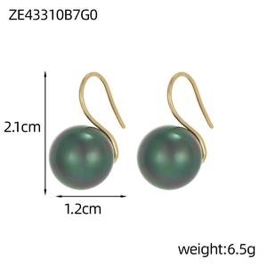 Detail view of gold hook earrings with green pearls showing 1.2cm diameter and 2.1cm height