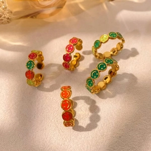 Squisito Anello Regolabile Aperto in Acciaio Inossidabile a Forma di Cuore con Faccia Sorridente Colorata per Donna Gioielli in Smalto