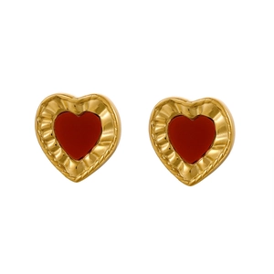 Elegant gold-framed red heart earrings with intricate radiant wavy texture and vintage edge