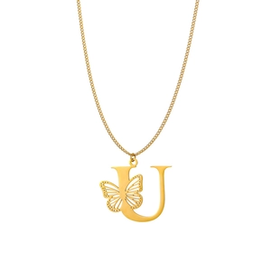 Elegante collana a catena dorata con un ciondolo a lettera U minimalista e una farfalla
