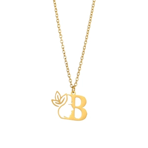 Golden initial B necklace with feminine facial profile and leaf pendant on a fine chain