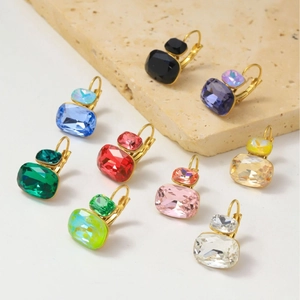 Pendientes de Acero de Titanio con Circonia Cuadrada de Color Caramelo Lujo Chapado en Oro de 14K Pendientes de Mujer
