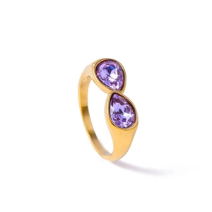Bague ouverte dorée avec deux cristaux violets en forme de poire en acier inoxydable