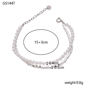 Bracciale a doppio strato con perle e argento, lunghezza 15+3cm e peso di 9,8g in dettaglio