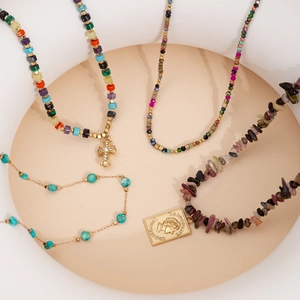 Colorful Beaded Necklace For Women Bohemia Natural Stone Titanium Steel Pendant Necklace Vintage Coin Star Cross Necklace Jewelry Birthday Gift