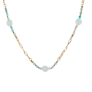 Detail of colorful natural stone necklace with gold paperclip chain and blue beads
